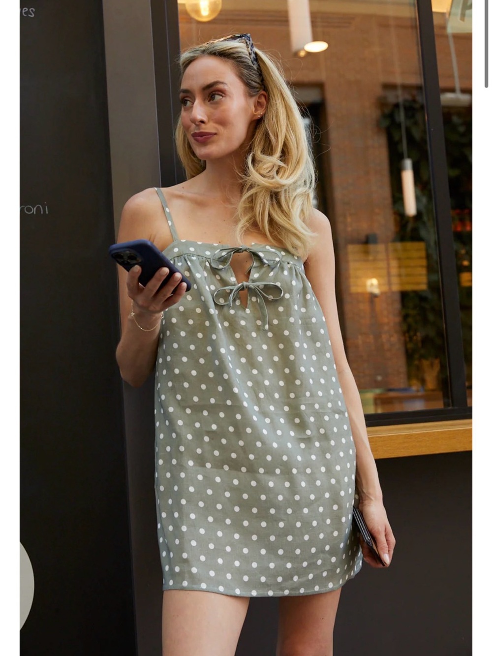 Sister Bloom Lila Polka Dot Linen Mini Dress Sage Green Size S